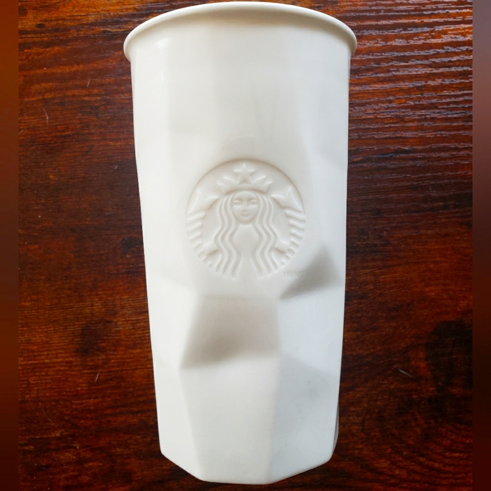STARBUCKS White Mermaid Embossed Faceted Ceramic Travel Mug Tumbler 10 oz 2013
